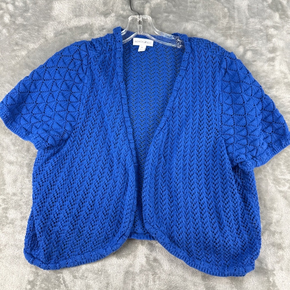 Fashion Bug Cardigan Women 1X Shrug Blue Pointelle Cotton Short Sleeve EUC